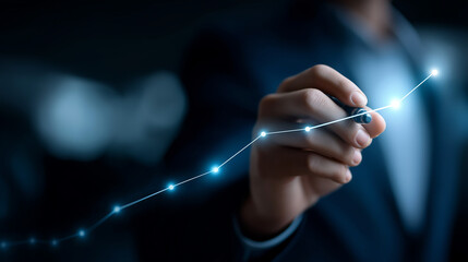 Faceless businessman draw growth graph and progress of business analyzing financial investment data on blue background business planning strategy financial forecasting growth