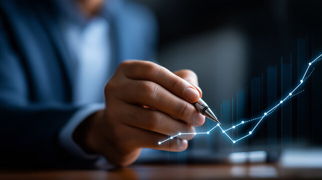 Faceless businessman draw growth graph and progress of business analyzing financial investment data on blue background business planning strategy financial forecasting growth