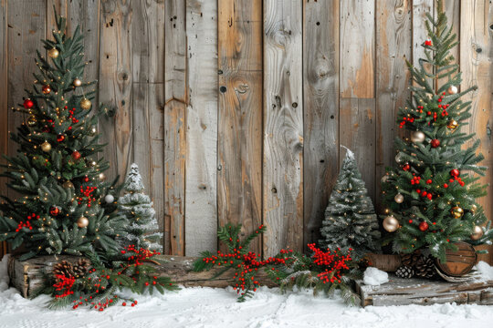 Photo studio setup of wooden panel wall with christmas trees and decoration.