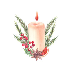 Watercolor illustration of a winter candle decorated with fir branches, red berries, dried orange slice and star anise. Isolated element on a white background. For Christmas cards, invitations.