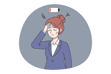 Tired woman with low social battery. Introvert energy drained, burnout, or exhaustion concept illustration.
