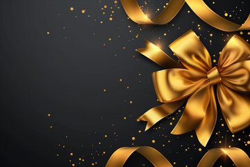 A gold ribbon bow is on a black background. Christmas, New Year, Cyber Monday, sale, purchase, black friday