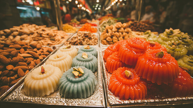 Colorful sweets at Pongal festival market in India showcasing traditional culinary delights and festive spirit among locals