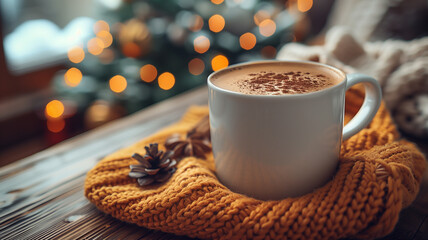 A white coffee mug with a brown sweater on top of it. Christmas, New Year, Cyber Monday, sale, purchase, black friday
