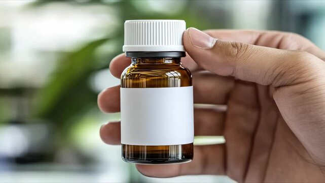 A human hand carefully holds a small amber glass bottle with a plain white label. The video shows preparation involving the bottle indoors during daytime. Bottle is visible during the whole process