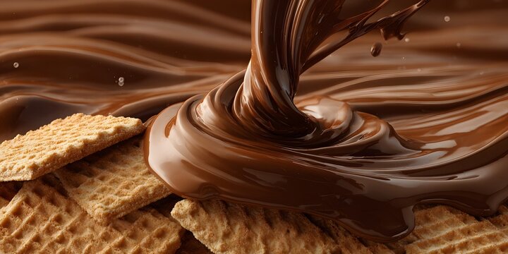 Rich, viscous melted confection streams onto stacked crisp baked squares.