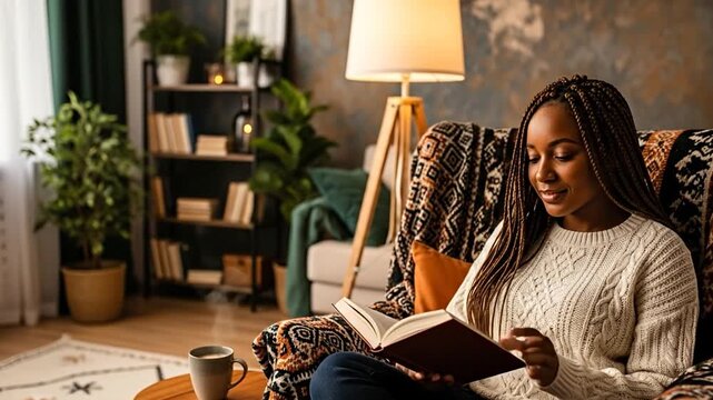 Cozy African woman enjoys quiet reading time in warm, inviting home corner