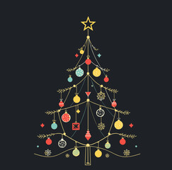 Minimalist Christmas tree with decorations on dark background for holiday preparation concept