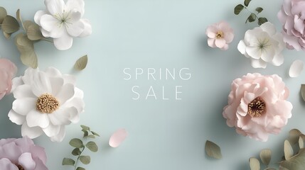 Soft spring sale poster with pastel flowers on light blue background, clean typography and luxury composition for advertising and marketing materials. Perfect for web