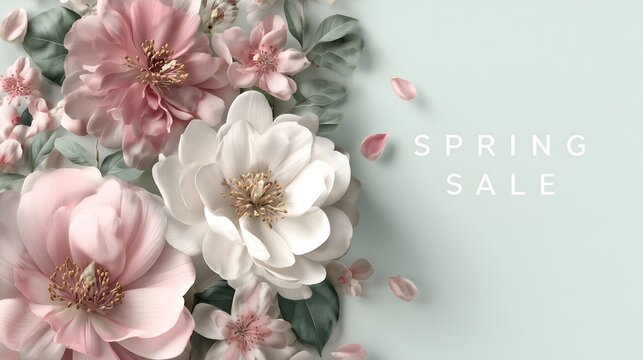 Elegant spring sale poster with soft pastel flowers on light blue background, clean typography and luxury composition for advertising and marketing materials. Perfect for web
