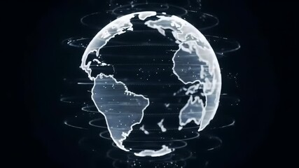 3D Animated Globe of Earth with Digital Outline of Continents and Shimmering Lines in Dark Background - Powered by Adobe