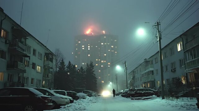 Man walks on a snowy street at night with an apartment building on fire in the distance, dramatic winter urban scene footage.