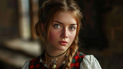 Celebrating Scottish National Day, portrait of a graceful woman in authentic Highland dress against a breathtaking natural backdrop of the Scottish countryside