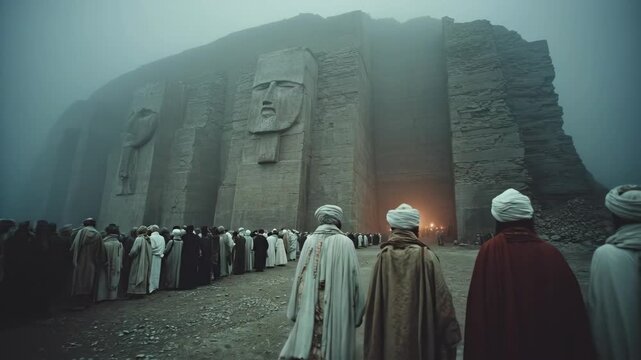 Procession of men in ancient attire approaching a monolithic temple with carved faces in a misty landscape, sci-fi footage