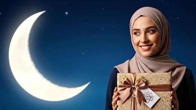 Smiling Muslim woman receives Eid gift, festive moon backdrop, joyful celebration