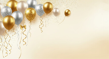 A cluster of elegant gold and silver balloons against a soft, cream-colored backdrop, creating a festive atmosphere for celebration, party, or special event.  vector illustration