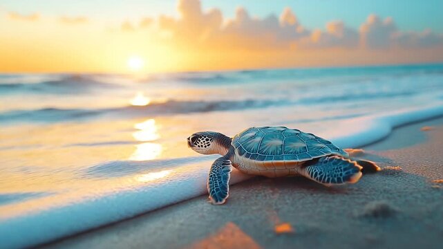 Sea turtle on sandy beach at sunset by the ocean