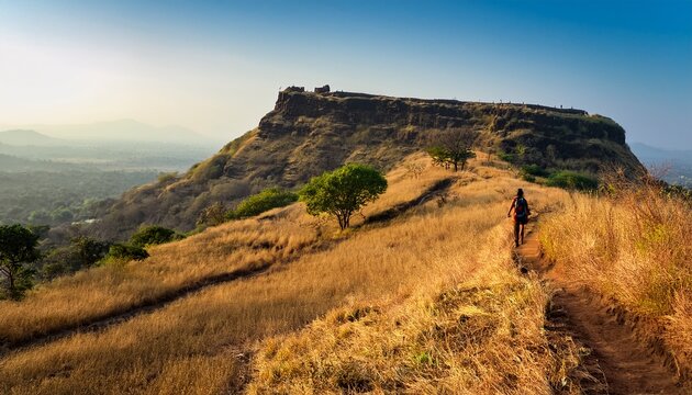 exploring dried hill surrounding sinhagad fort in pune