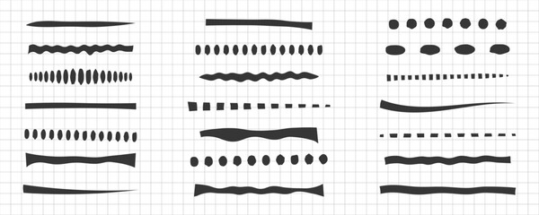  Set of abstract wavy hand-drawn brush stroke and solid lines in grid background
