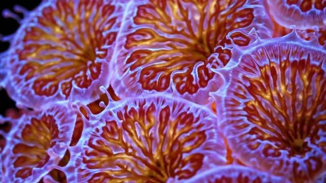 Vivid Close-Up of Colorful Coral Polyps with Intricate Patterns Under Blue Ocean Light