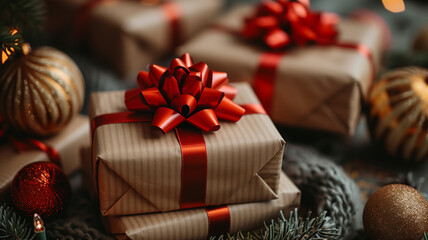 A brown box with a red bow on top of it. Christmas, New Year, Cyber Monday, sale, purchase, black friday