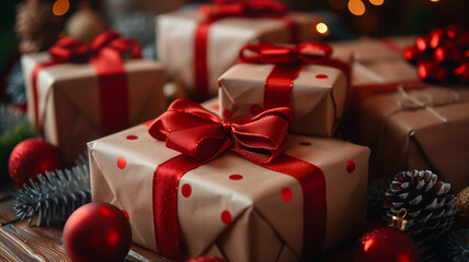 A stack of brown boxes with red bows on them. Christmas, New Year, Cyber Monday, sale, purchase, black friday