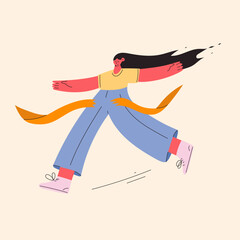 A hand drawn happy running woman in flat minimal style illustration with bright colors, concept of energy, success, freedom, motion, and active lifestyle.