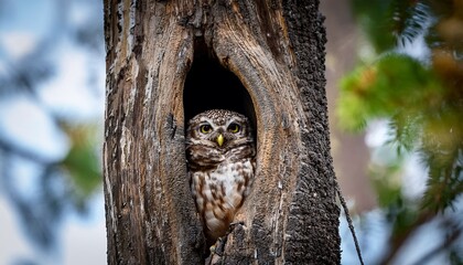 Obraz premium northern spotted owl peeking from tree hollow at a low angle
