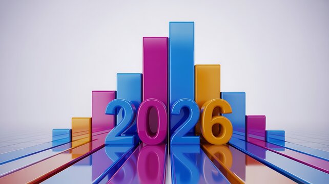 Year 2026 future growth and success with upward trending bar graph