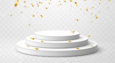 A minimalist podium of three steps is elegantly adorned with gold confetti, offering an ideal setting for showcasing products or celebrating achievements. vector illustration