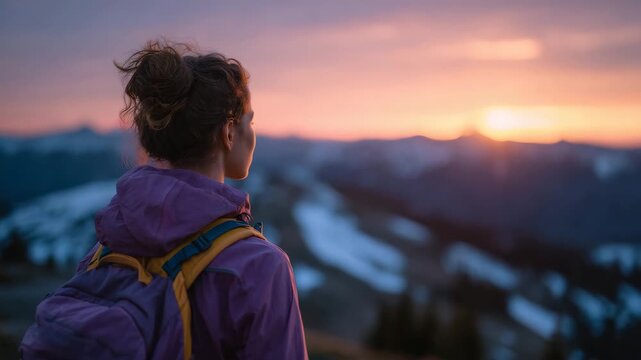 8Female traveler silhouetted against radiant sunset over snow-clad mountains, backpack glowing faintly, endless horizon left for copy space