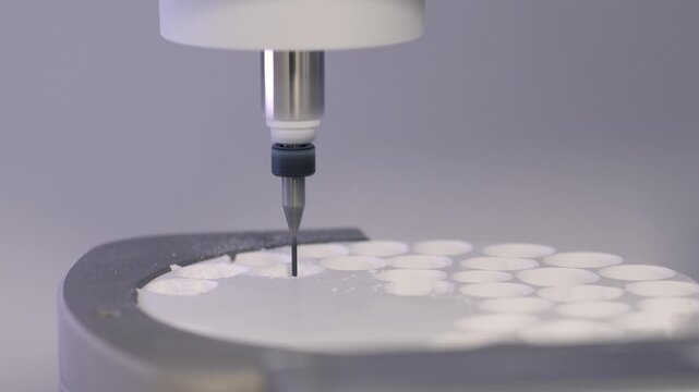 CNC system mills dental prosthesis from white disc while spindle lowers with steady motion. Tool cuts crown shapes and precise sockets during process forming ceramic jaw for implant restoration
