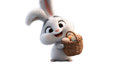 Fluffy Easter Bunny Holding Basket of Eggs isolated on a transparent background