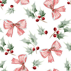 Obraz na płótnie Canvas Christmas seamless pattern, holly twigs with red berries, striped bows, white background. Vector illustration. Nature design. Season greeting. Winter holidays