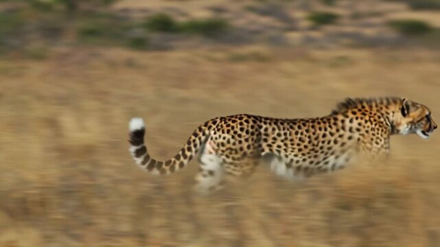 Cheetah running across dry grassland.