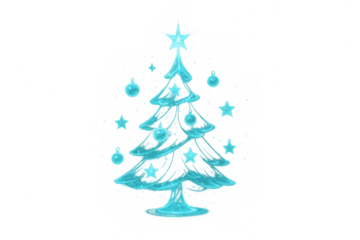 Glowing ice christmas tree creating a winter fairytale with intricate star and bauble decorations on a transparent background
