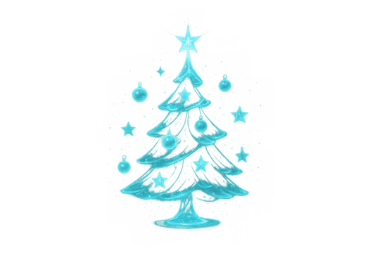 Glowing ice christmas tree creating a winter fairytale with intricate star and bauble decorations on a transparent background