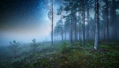 Fototapeta premium dense birch and pine forest floor under starry night sky with misty atmosphere misty nature baltic sea