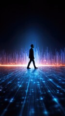 Fototapeta premium Businessman Walking Through Futuristic Digital Landscape with Data Visualization