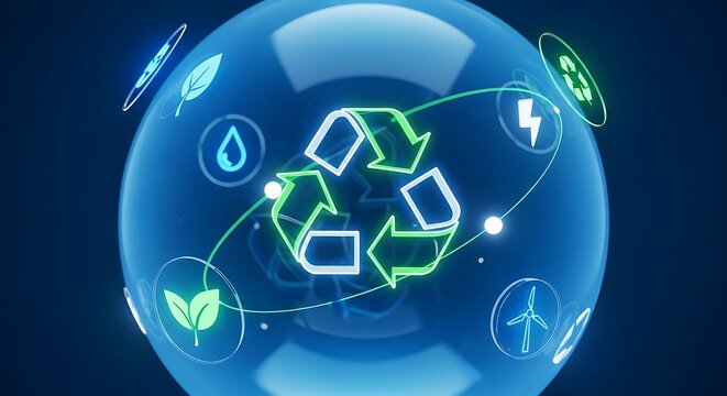 A glowing sphere with recycle symbol and icons representing sustainability on a dark blue background