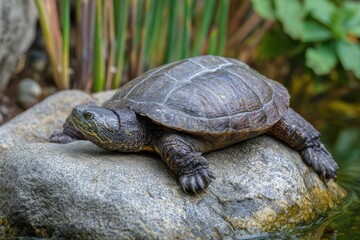 California Western Pond Turtle Relaxing peacefully on a Sunlit Rock by the Duck Pond