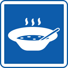 Blue Cafeteria Sign. Vector Icon. Bowl of Hot Soup. Self-Service Restaurant, Eating Place. Hospital Department Sign