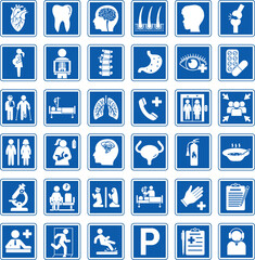 Blue Hospital Signs. Vector Icons: Cardiology, Dentistry, Neurology, Dermatology, Urology, Pediatrics, Ophthalmology, Gynecology, Orthopedics, Psychiatry, Traumatology, Ambulance, and Others