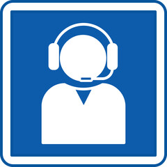 Blue Information Sign. Vector Icon. Person with Headphones and Microphone. Help Desk, Hotline, Patient Assistance. Hospital Department Sign