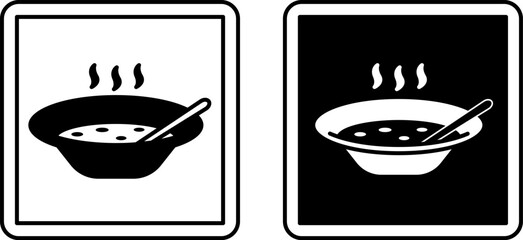 Cafeteria Signs. Black and White Vector Icons. Bowl of Hot Soup. Self-Service Restaurant, Eating Place. Hospital Department Sign