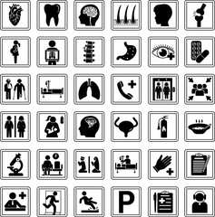Hospital Signs. Vector Icons: Cardiology, Dentistry, Neurology, Dermatology, Urology, Pediatrics, Ophthalmology, Gynecology, Orthopedics, Psychiatry, Traumatology, Ambulance, and Others