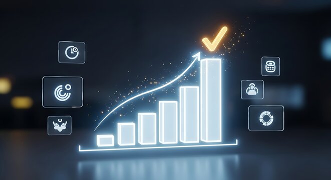 A glowing bar graph showing upward trend with a check mark and icons floating around the graph area
