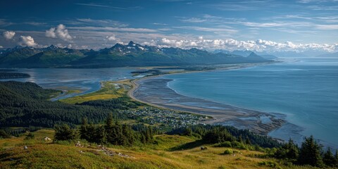 Obraz premium Breathtaking Sunrise Over Homer Spit: A Scenic View of Kachemak Bay and Alpine Shores