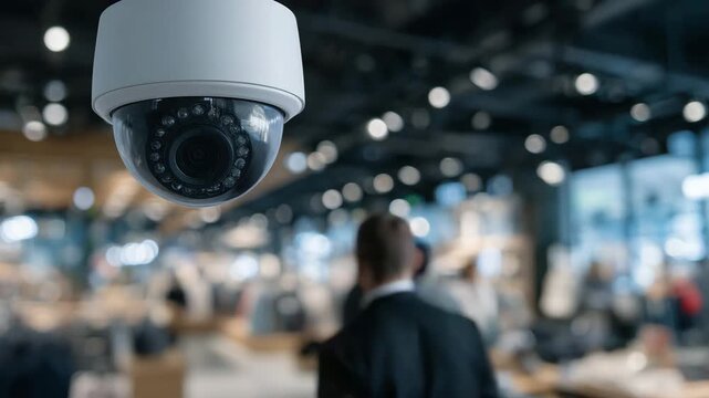 39Sleek dome security camera mounted on a white ceiling inside a modern retail store, blurred shelves and shopping customers in background, soft lighting highlighting surveillance te