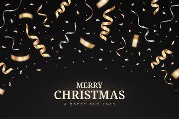 Christmas gold and silver confetti celebration party isolated on a black background. Falling golden ribbon for Christmas and New Year design. Confetti explosion on white backdrop. Vector illustration